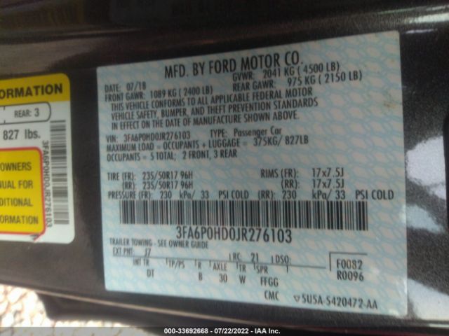 Photo 8 VIN: 3FA6P0HD0JR276103 - FORD FUSION 