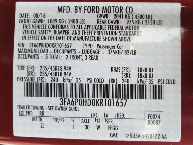 Photo 9 VIN: 3FA6P0HD0KR101657 - FORD FUSION SE 