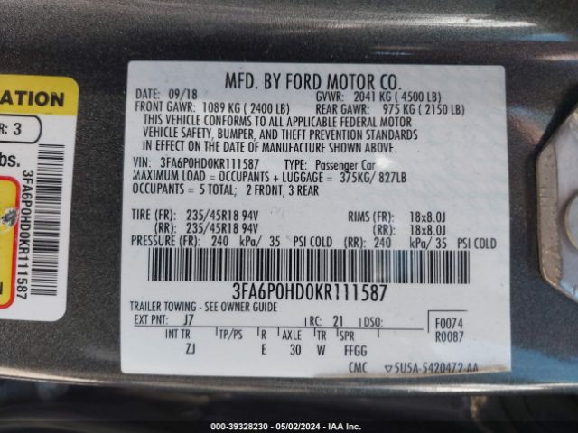 Photo 8 VIN: 3FA6P0HD0KR111587 - FORD FUSION 