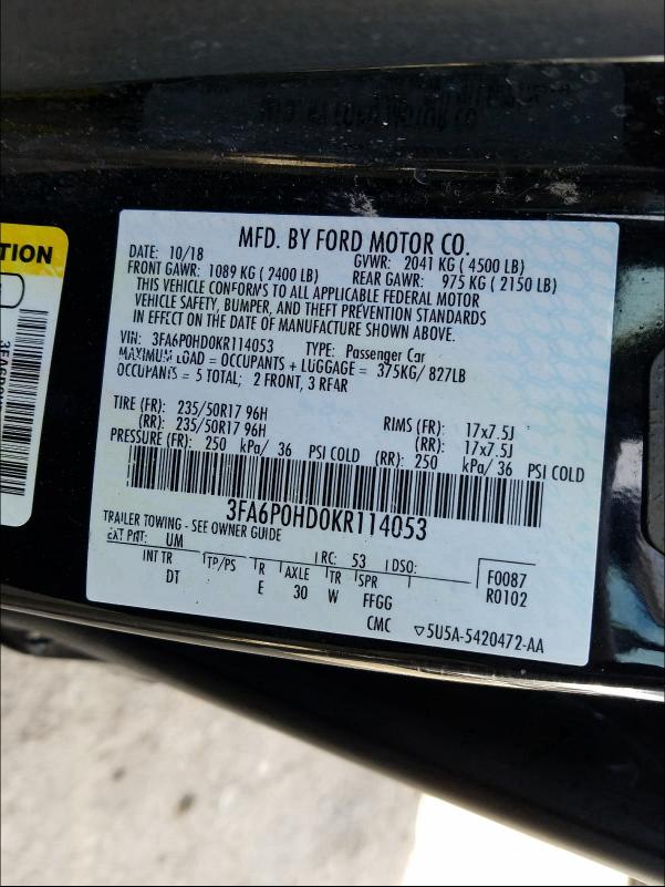 Photo 9 VIN: 3FA6P0HD0KR114053 - FORD FUSION SE 