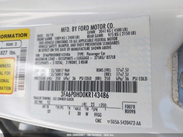 Photo 8 VIN: 3FA6P0HD0KR143486 - FORD FUSION 