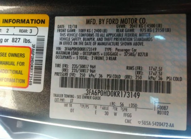 Photo 8 VIN: 3FA6P0HD0KR173149 - FORD FUSION 