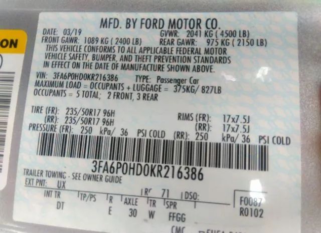 Photo 8 VIN: 3FA6P0HD0KR216386 - FORD FUSION 