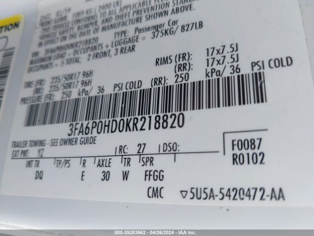 Photo 8 VIN: 3FA6P0HD0KR218820 - FORD FUSION 