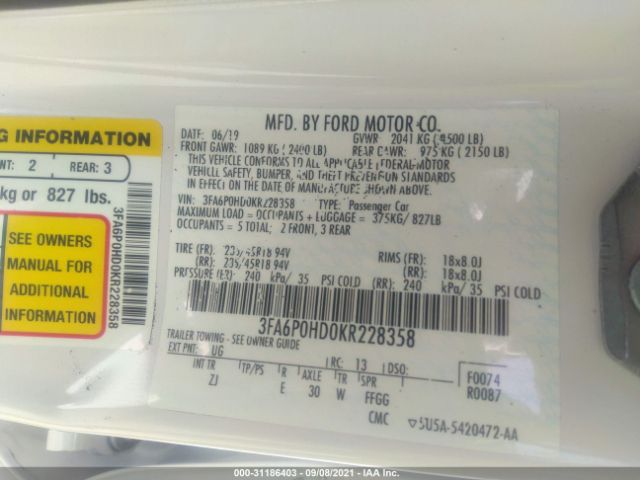 Photo 8 VIN: 3FA6P0HD0KR228358 - FORD FUSION 