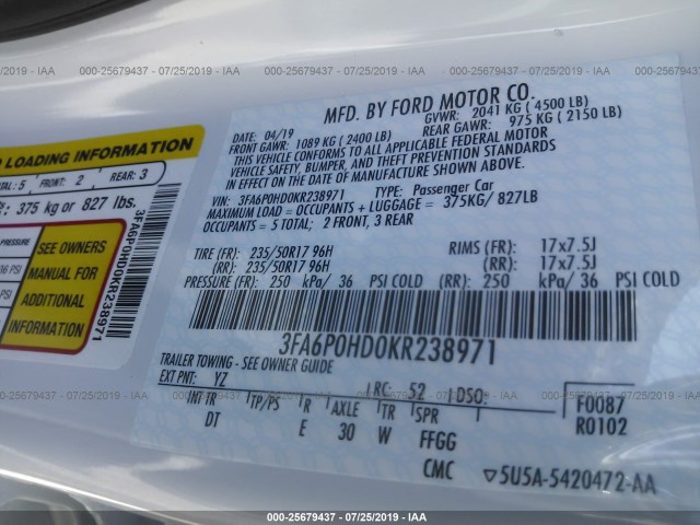 Photo 8 VIN: 3FA6P0HD0KR238971 - FORD FUSION 