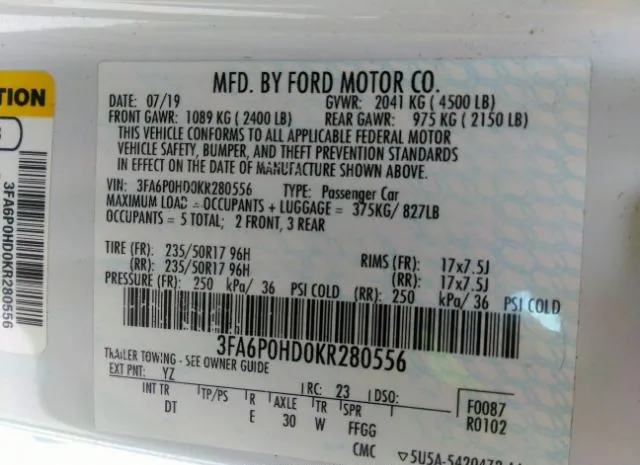 Photo 8 VIN: 3FA6P0HD0KR280556 - FORD FUSION 