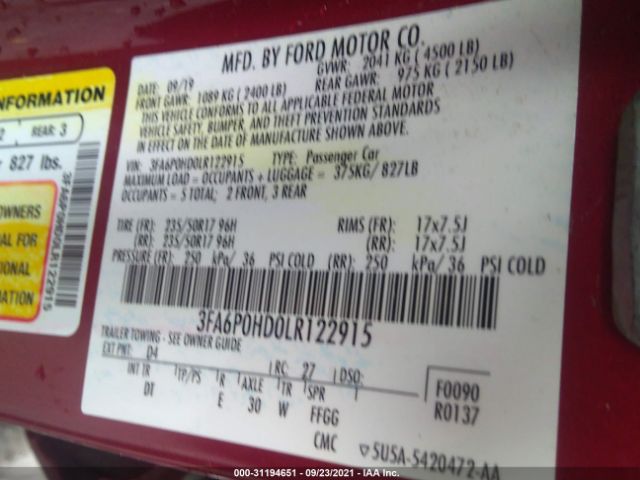 Photo 8 VIN: 3FA6P0HD0LR122915 - FORD FUSION 