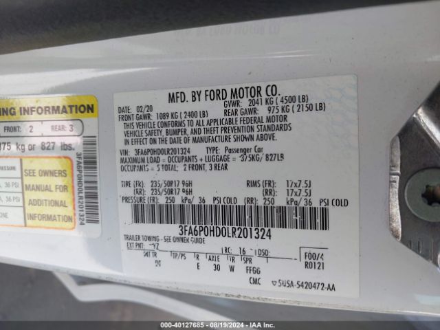 Photo 8 VIN: 3FA6P0HD0LR201324 - FORD FUSION 