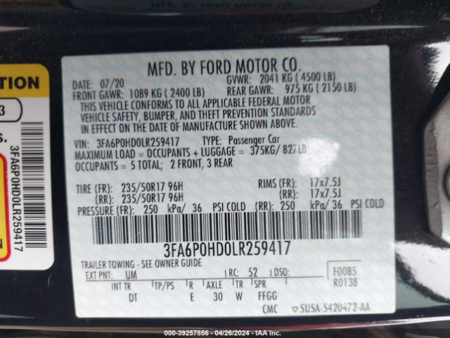 Photo 8 VIN: 3FA6P0HD0LR259417 - FORD FUSION 