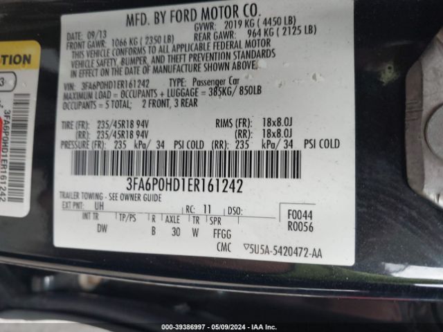 Photo 8 VIN: 3FA6P0HD1ER161242 - FORD FUSION 