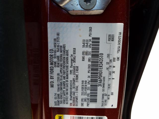 Photo 9 VIN: 3FA6P0HD1ER343510 - FORD FUSION SE 