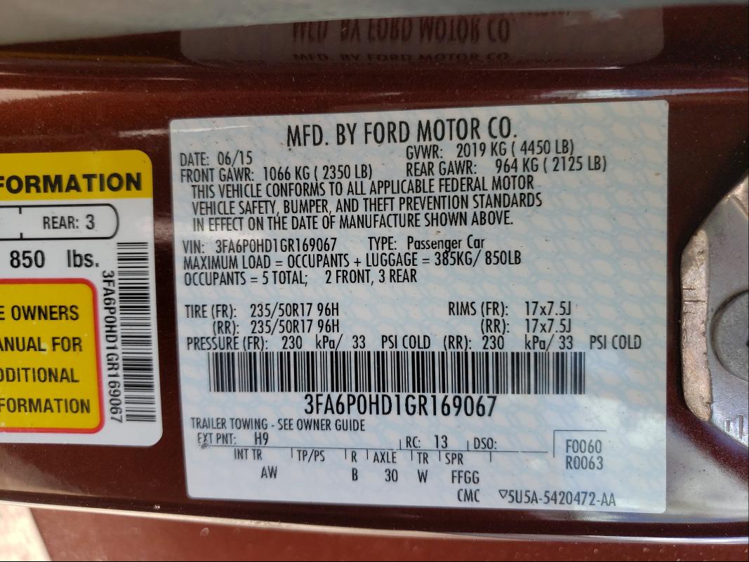 Photo 9 VIN: 3FA6P0HD1GR169067 - FORD FUSION SE 