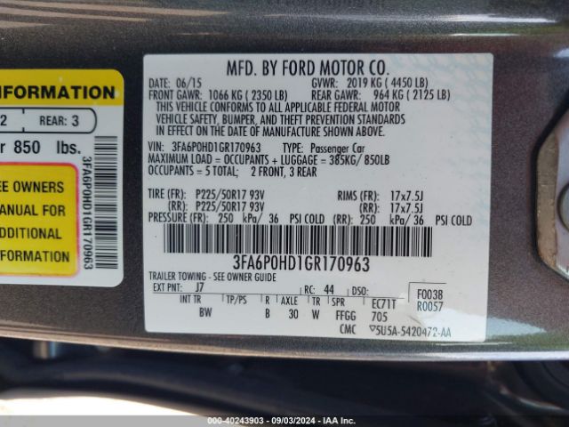 Photo 8 VIN: 3FA6P0HD1GR170963 - FORD FUSION 