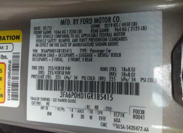 Photo 8 VIN: 3FA6P0HD1GR185415 - FORD FUSION 