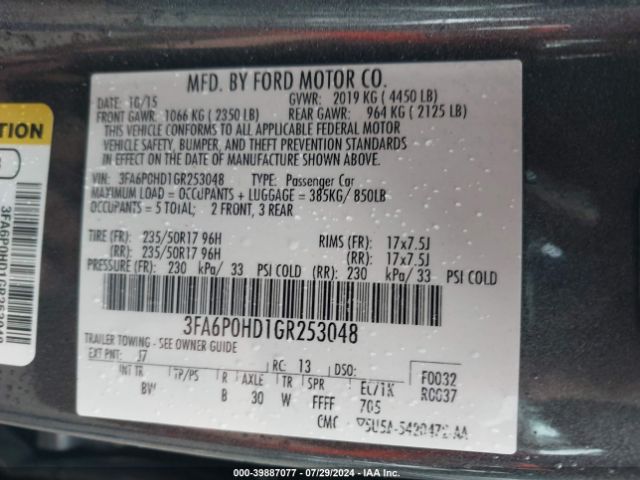 Photo 8 VIN: 3FA6P0HD1GR253048 - FORD FUSION 