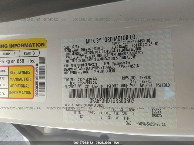 Photo 8 VIN: 3FA6P0HD1GR303303 - FORD FUSION 