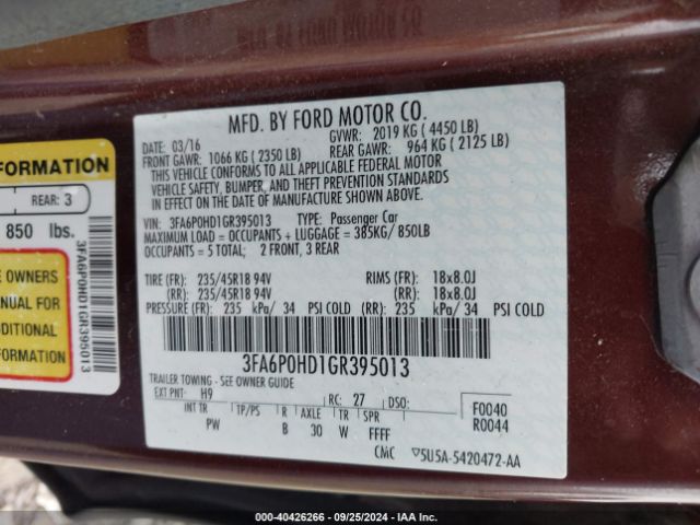 Photo 8 VIN: 3FA6P0HD1GR395013 - FORD FUSION 