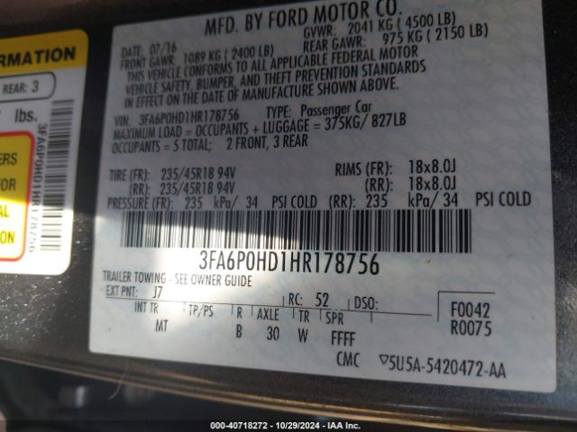 Photo 8 VIN: 3FA6P0HD1HR178756 - FORD FUSION 