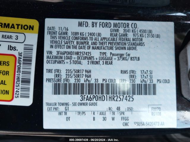 Photo 8 VIN: 3FA6P0HD1HR257425 - FORD FUSION 