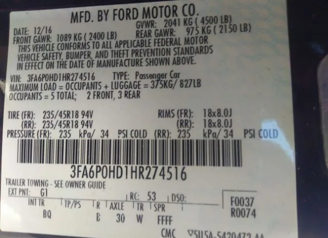 Photo 8 VIN: 3FA6P0HD1HR274516 - FORD FUSION 