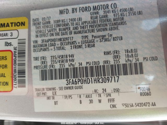 Photo 8 VIN: 3FA6P0HD1HR309717 - FORD FUSION 