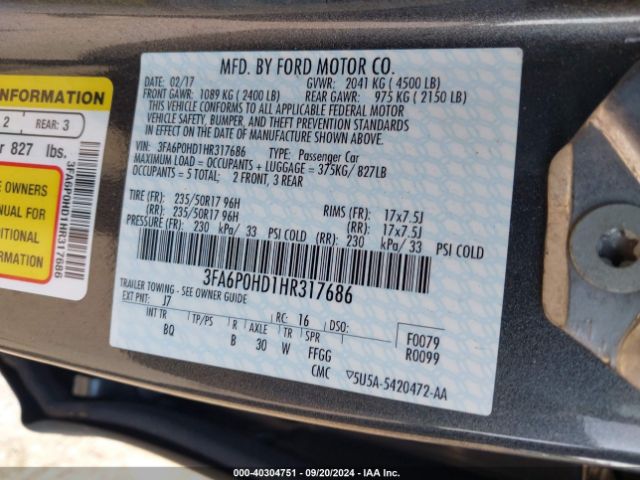 Photo 8 VIN: 3FA6P0HD1HR317686 - FORD FUSION 