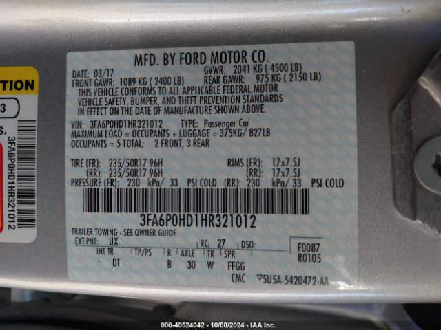 Photo 8 VIN: 3FA6P0HD1HR321012 - FORD FUSION 