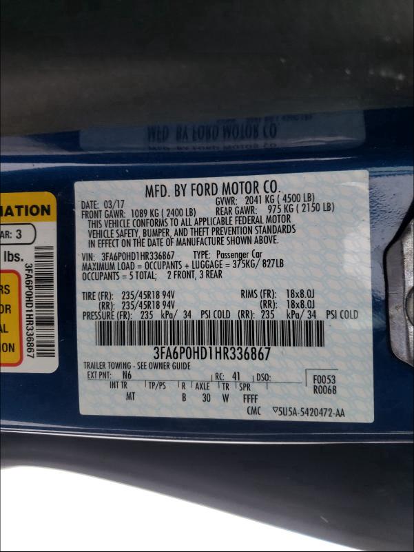 Photo 9 VIN: 3FA6P0HD1HR336867 - FORD FUSION SE 