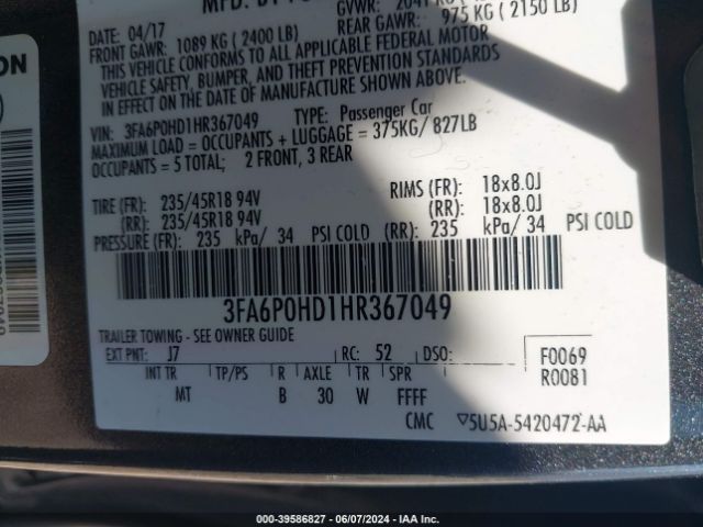 Photo 8 VIN: 3FA6P0HD1HR367049 - FORD FUSION 