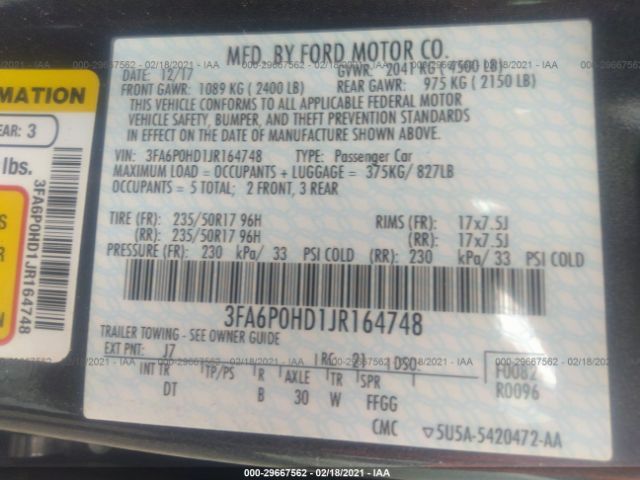 Photo 8 VIN: 3FA6P0HD1JR164748 - FORD FUSION 