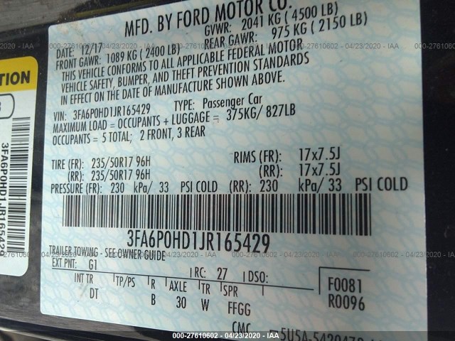 Photo 8 VIN: 3FA6P0HD1JR165429 - FORD FUSION 