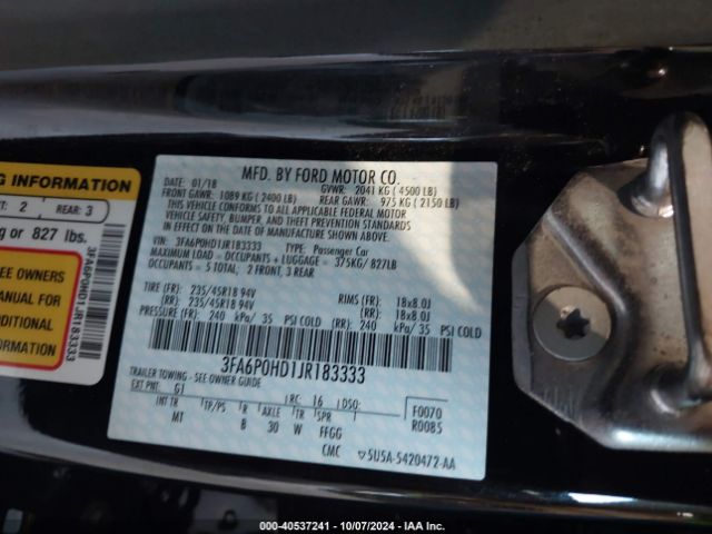 Photo 8 VIN: 3FA6P0HD1JR183333 - FORD FUSION 