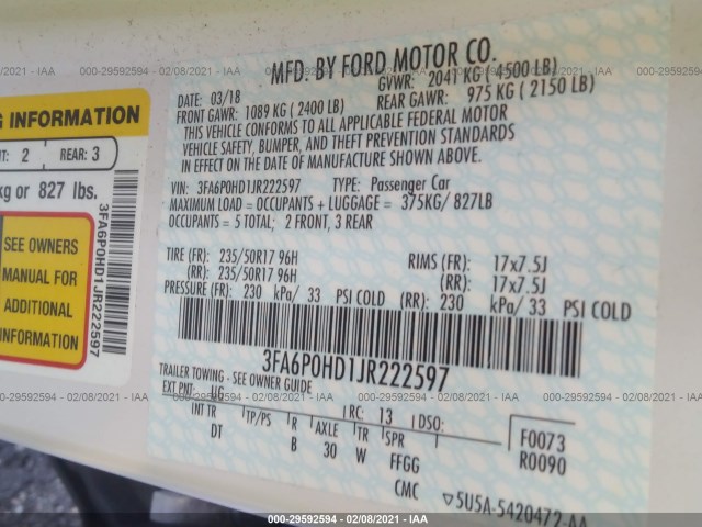 Photo 8 VIN: 3FA6P0HD1JR222597 - FORD FUSION 