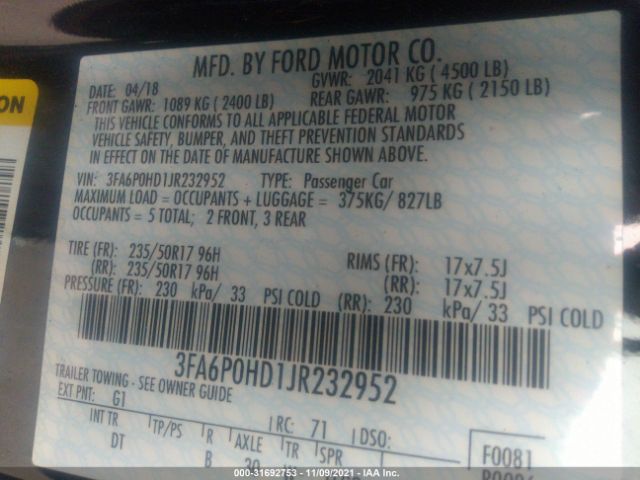 Photo 8 VIN: 3FA6P0HD1JR232952 - FORD FUSION 