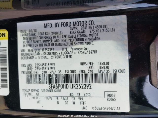 Photo 8 VIN: 3FA6P0HD1JR252392 - FORD FUSION 