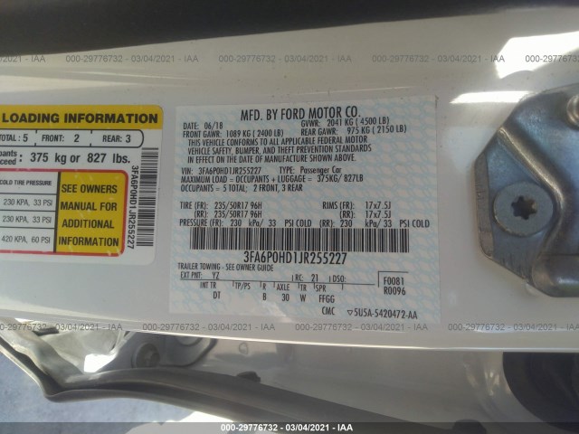 Photo 8 VIN: 3FA6P0HD1JR255227 - FORD FUSION 