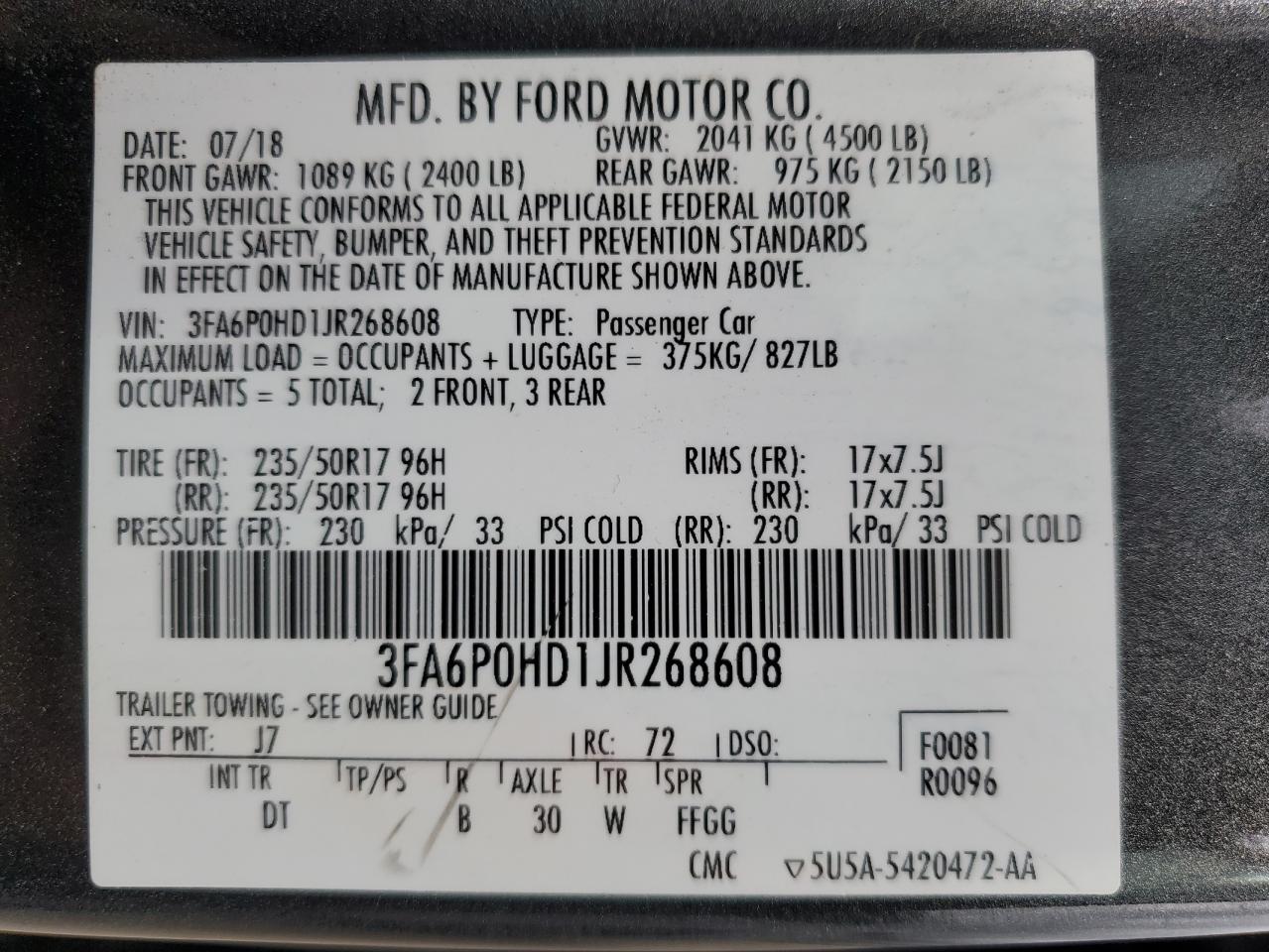 Photo 11 VIN: 3FA6P0HD1JR268608 - FORD FUSION 