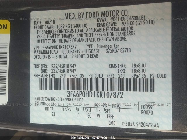 Photo 8 VIN: 3FA6P0HD1KR107872 - FORD FUSION 