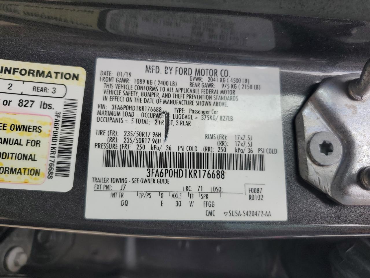 Photo 11 VIN: 3FA6P0HD1KR176688 - FORD FUSION 