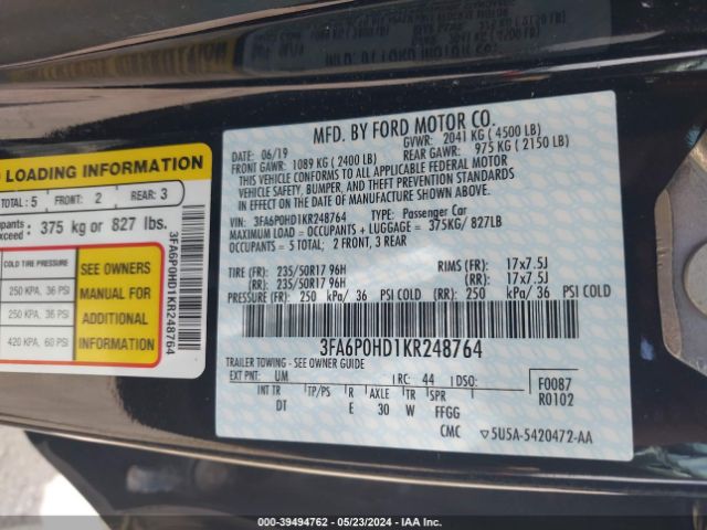 Photo 8 VIN: 3FA6P0HD1KR248764 - FORD FUSION 