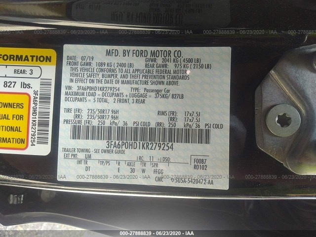 Photo 8 VIN: 3FA6P0HD1KR279254 - FORD FUSION 