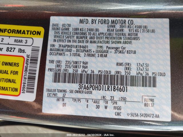 Photo 8 VIN: 3FA6P0HD1LR184601 - FORD FUSION 