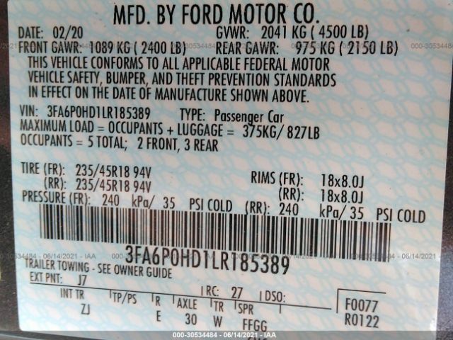 Photo 8 VIN: 3FA6P0HD1LR185389 - FORD FUSION 