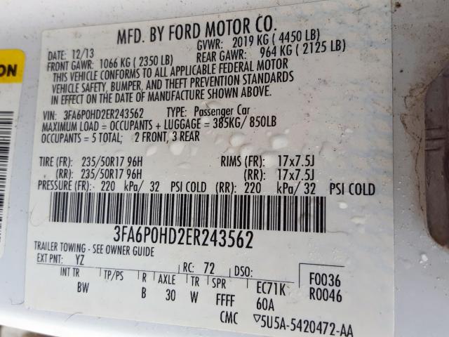 Photo 9 VIN: 3FA6P0HD2ER243562 - FORD FUSION SE 