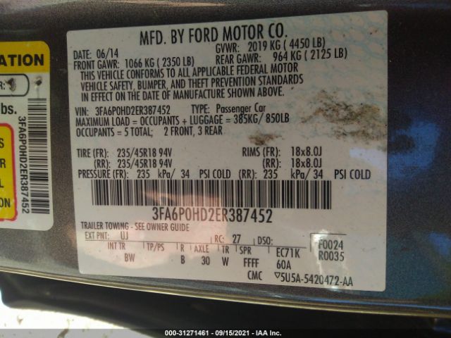 Photo 8 VIN: 3FA6P0HD2ER387452 - FORD FUSION 