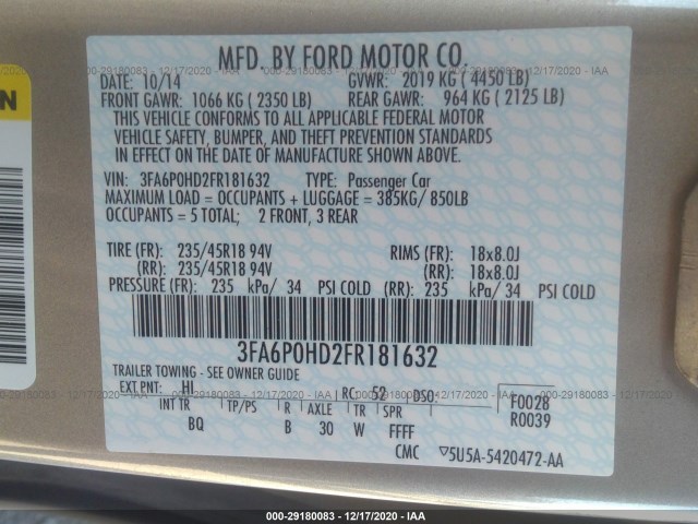 Photo 8 VIN: 3FA6P0HD2FR181632 - FORD FUSION 