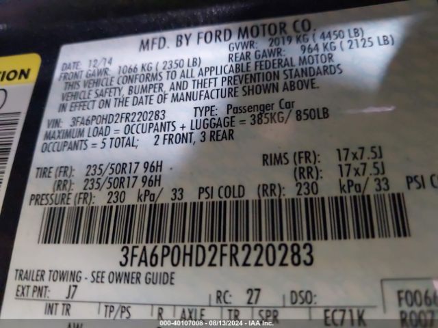 Photo 8 VIN: 3FA6P0HD2FR220283 - FORD FUSION 