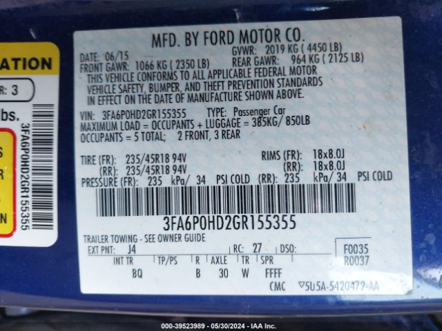 Photo 8 VIN: 3FA6P0HD2GR155355 - FORD FUSION 