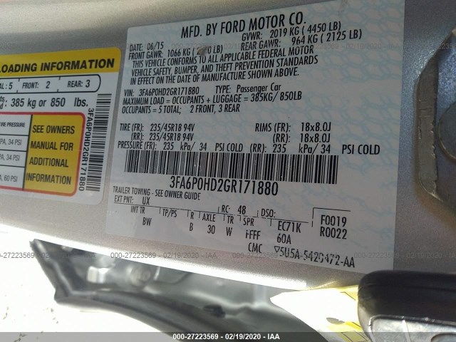 Photo 8 VIN: 3FA6P0HD2GR171880 - FORD FUSION 